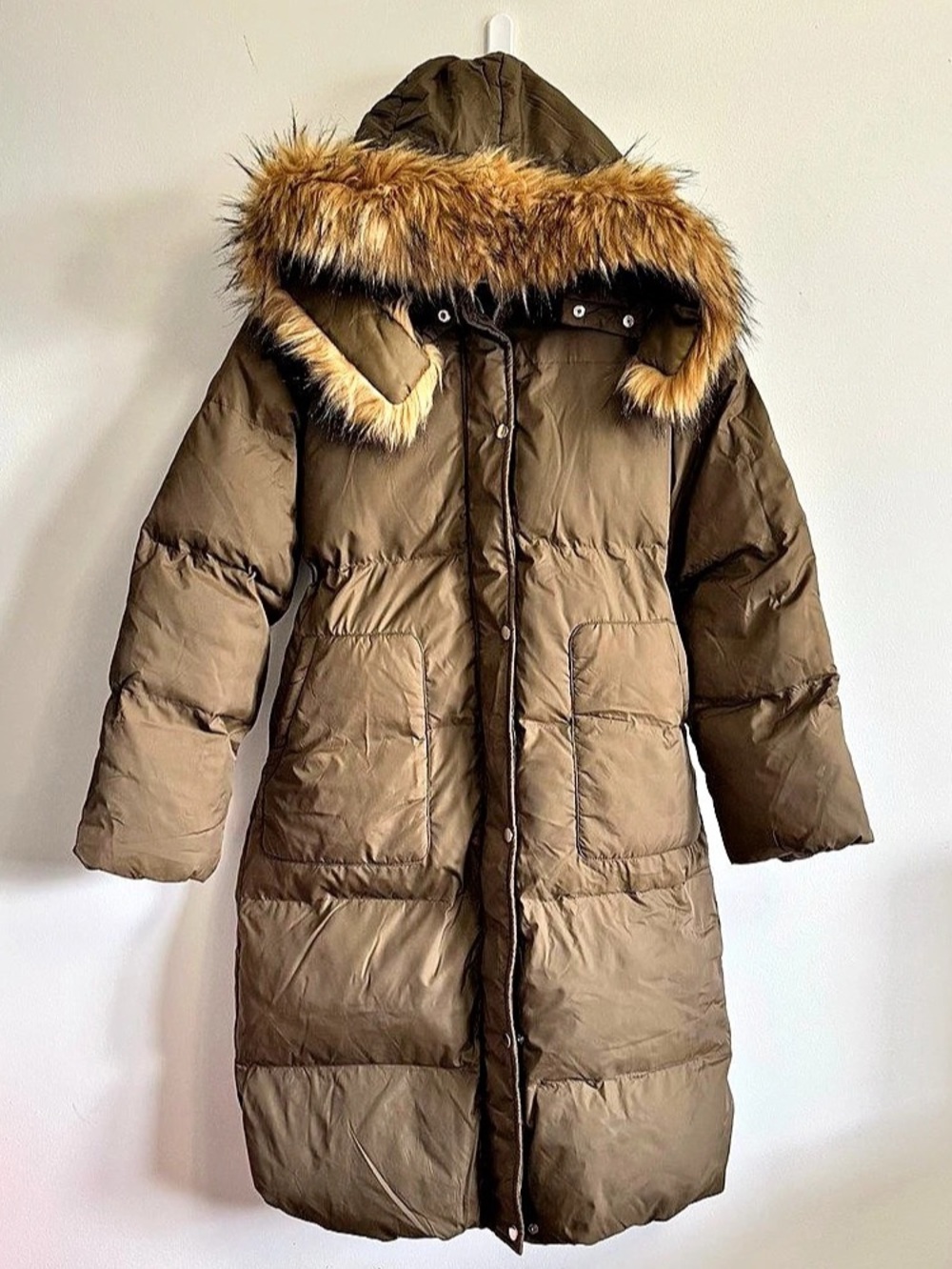 SHEIN Faux Fur Trim Puffer Coat in Brown Like New